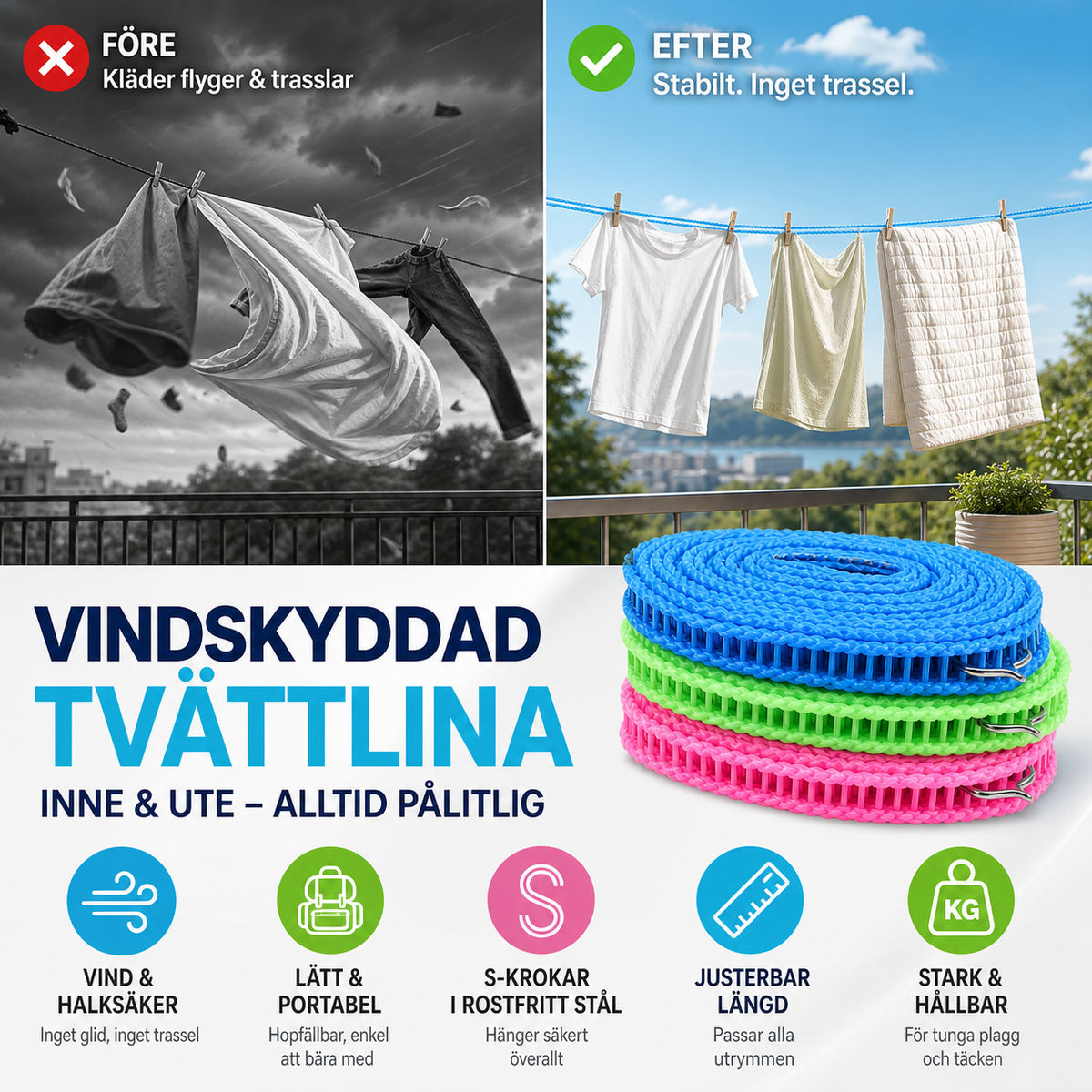 đ§ș KĂP 1, FĂ
1 GRATIS! đŹïž Vindskyddad och halkfri tvĂ€ttlina âš Snabbtorkande, sĂ€ker & enkel att sĂ€tta upp â perfekt för hemmet och balkongen âïž