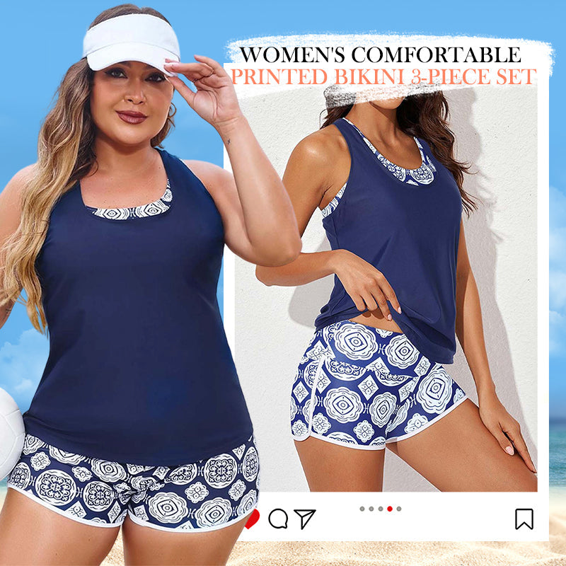 Bekvämt tryckt bikinisett i 3 delar för kvinno
