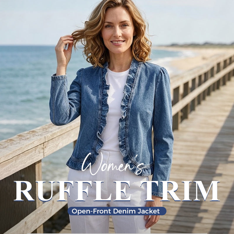 🧥50 % RABATT! ✨ Dammjeansjacka – öppen framsida, volangkant, lätt, klassisk tvätt ✨