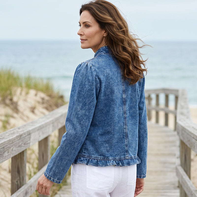 🧥50 % RABATT! ✨ Dammjeansjacka – öppen framsida, volangkant, lätt, klassisk tvätt ✨