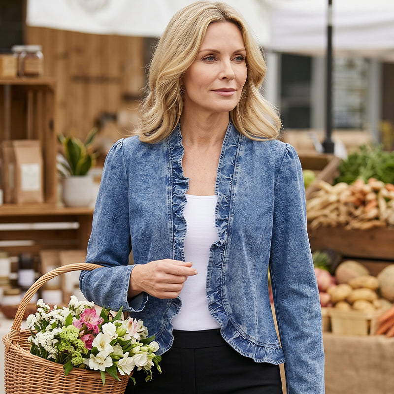 🧥50 % RABATT! ✨ Dammjeansjacka – öppen framsida, volangkant, lätt, klassisk tvätt ✨
