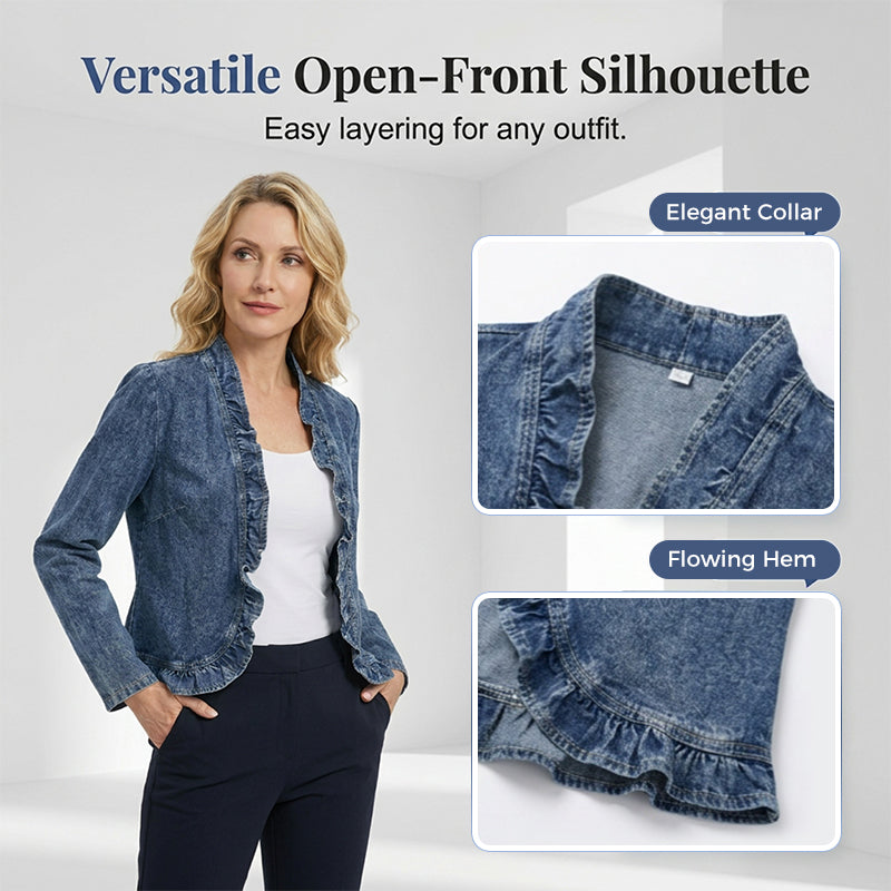 🧥50 % RABATT! ✨ Dammjeansjacka – öppen framsida, volangkant, lätt, klassisk tvätt ✨
