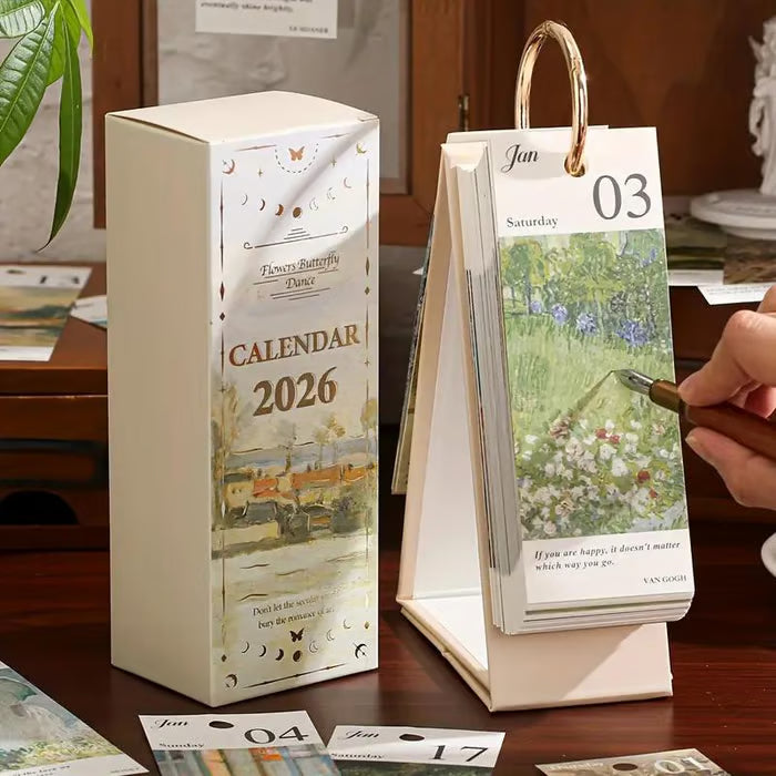 🎨 2026 Vintage oljemålning i europeisk stil, vändbar kalender - 🌼 Glad hela året 🦋