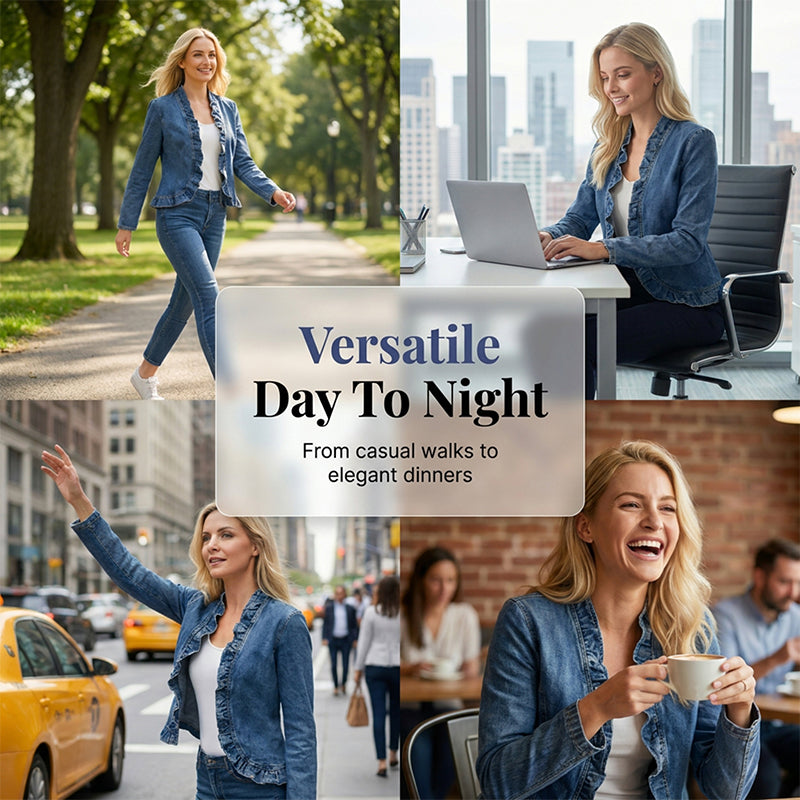 🧥50 % RABATT! ✨ Dammjeansjacka – öppen framsida, volangkant, lätt, klassisk tvätt ✨
