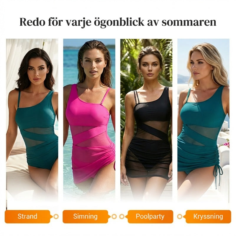💎 50 % RABATT! 💎 Sexig badklänning för damer – rynkad, figurnära passform, hög midja som slätar ut magen och genomskinliga meshdetaljer 🩱✨