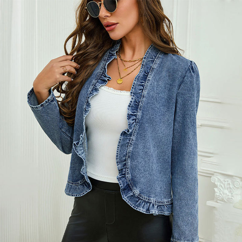 🧥50 % RABATT! ✨ Dammjeansjacka – öppen framsida, volangkant, lätt, klassisk tvätt ✨