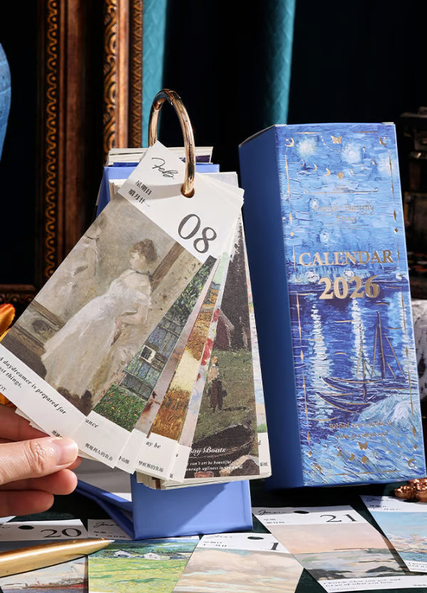 🎨 2026 Vintage oljemålning i europeisk stil, vändbar kalender - 🌼 Glad hela året 🦋