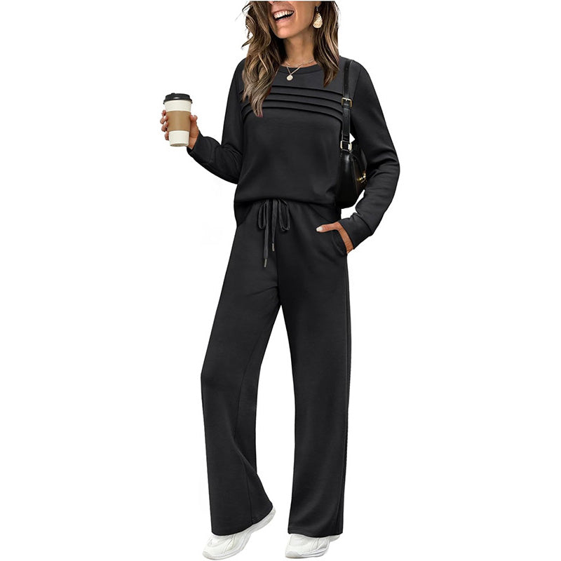 ⏳Begränsad tid 49 % rabatt⏰✨ Färdigt Damset | Långärmad Top & Vida Byxor, Slät Material & Modern Silhuett 👖