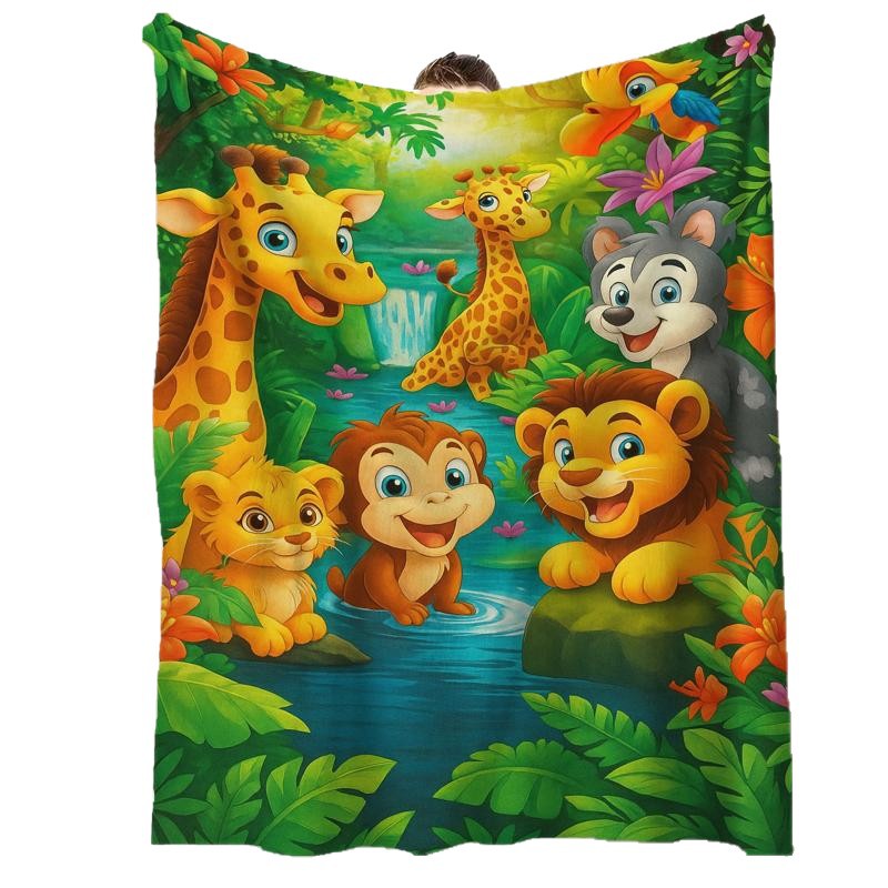 ✨Julrea – 50 % rabatt💃🔥Plush Flannel Throw Blanket med tecknad djungelprint