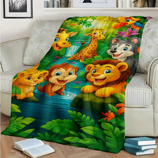 ✨Julrea – 50 % rabatt💃🔥Plush Flannel Throw Blanket med tecknad djungelprint