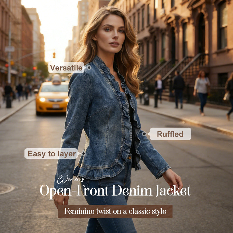 🧥50 % RABATT! ✨ Dammjeansjacka – öppen framsida, volangkant, lätt, klassisk tvätt ✨