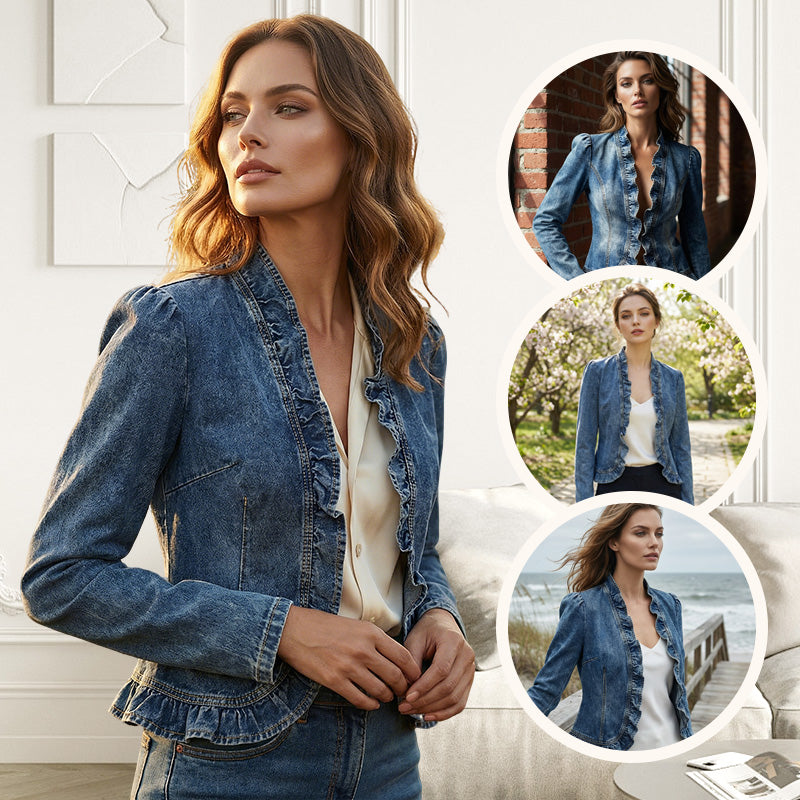 🧥50 % RABATT! ✨ Dammjeansjacka – öppen framsida, volangkant, lätt, klassisk tvätt ✨