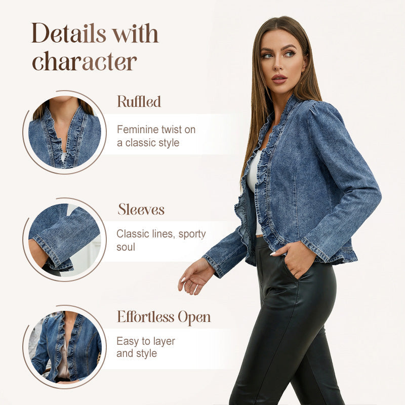 🧥50 % RABATT! ✨ Dammjeansjacka – öppen framsida, volangkant, lätt, klassisk tvätt ✨