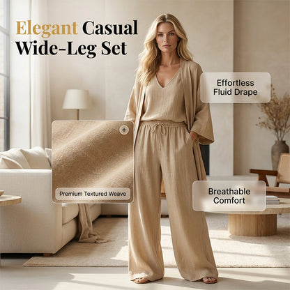 2026 års nyhet! 🌸Factory Direct Sales🔥 Elegant Tredelat Set för Dam - Kofta, Topp & Byxor med Vida Ben
