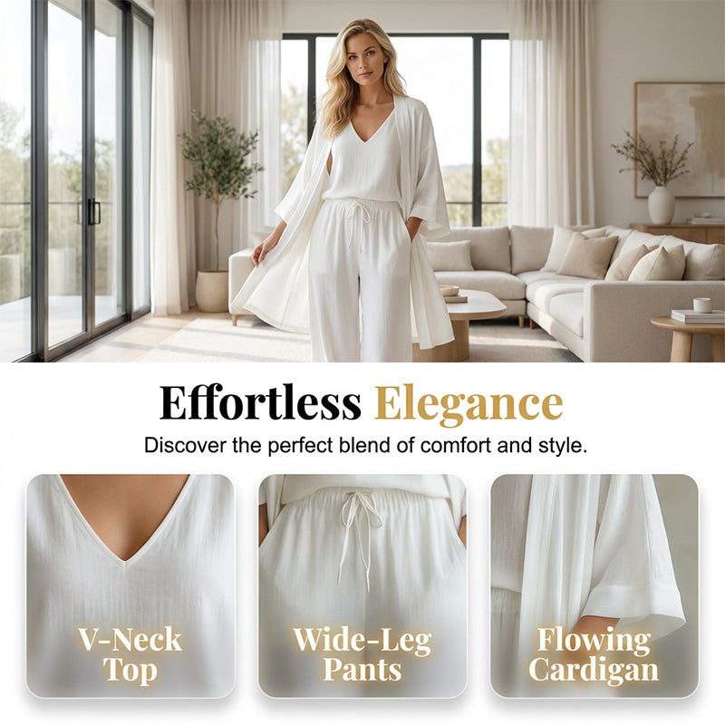 2026 års nyhet! 🌸Factory Direct Sales🔥 Elegant Tredelat Set för Dam - Kofta, Topp & Byxor med Vida Ben