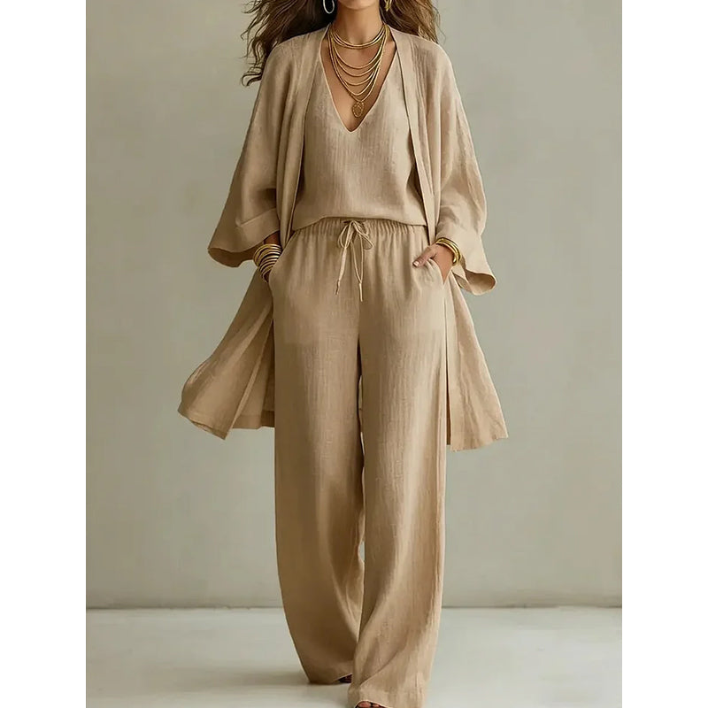 2026 års nyhet! 🌸Factory Direct Sales🔥 Elegant Tredelat Set för Dam - Kofta, Topp & Byxor med Vida Ben