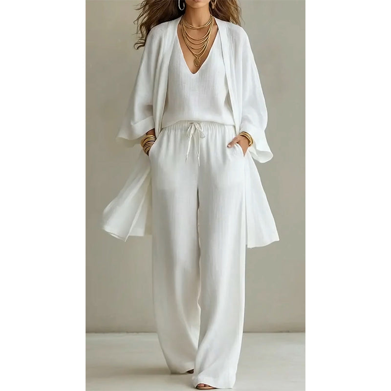 2026 års nyhet! 🌸Factory Direct Sales🔥 Elegant Tredelat Set för Dam - Kofta, Topp & Byxor med Vida Ben