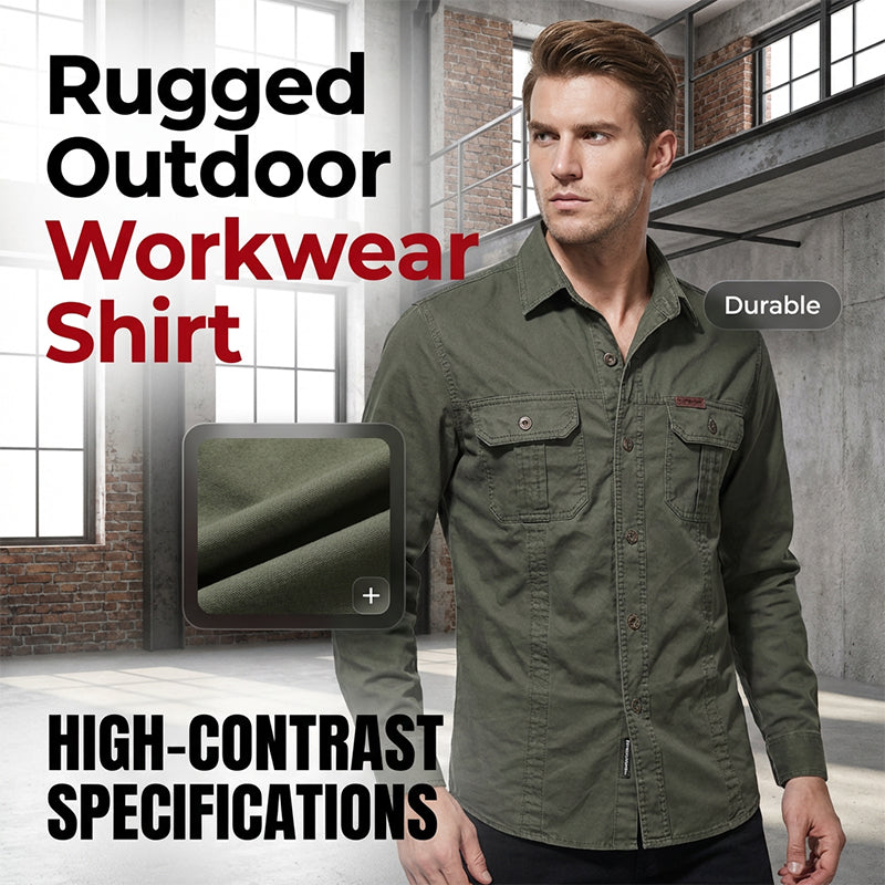 👔 50% RABATT NU! 🔧 Herr Långärmad Bomulls Arbetskjorta – Andningsbar, Dubbla Bröstfickor & Förstärkta Sömmar – Robust & Hållbar 🛠️