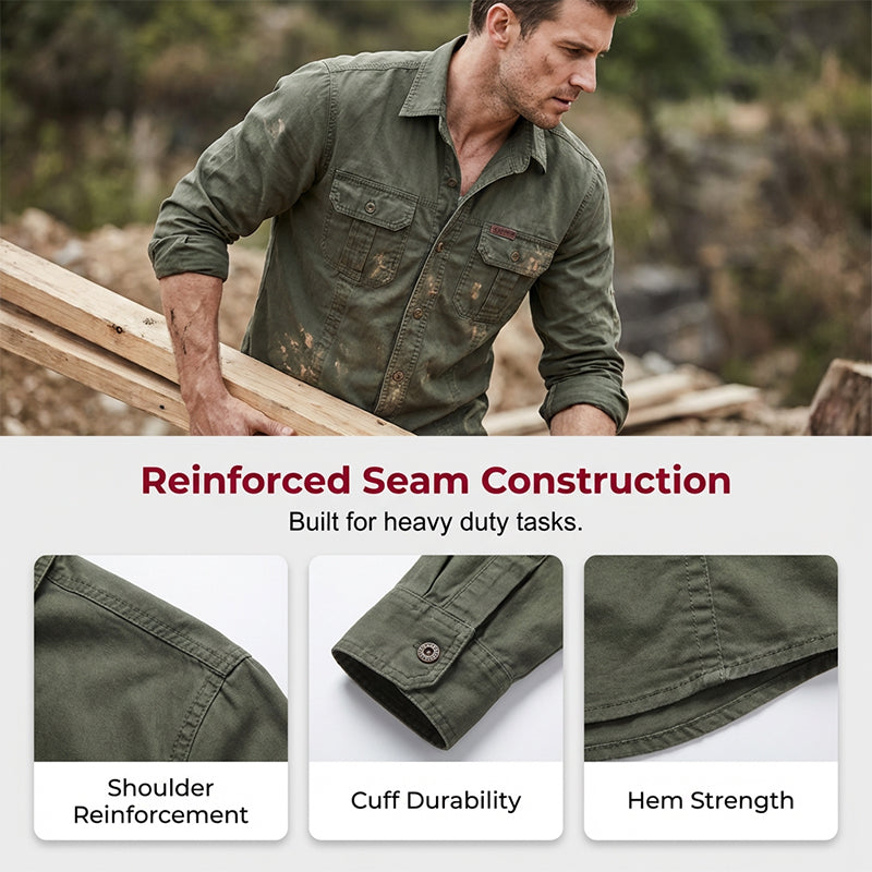 👔 50% RABATT NU! 🔧 Herr Långärmad Bomulls Arbetskjorta – Andningsbar, Dubbla Bröstfickor & Förstärkta Sömmar – Robust & Hållbar 🛠️