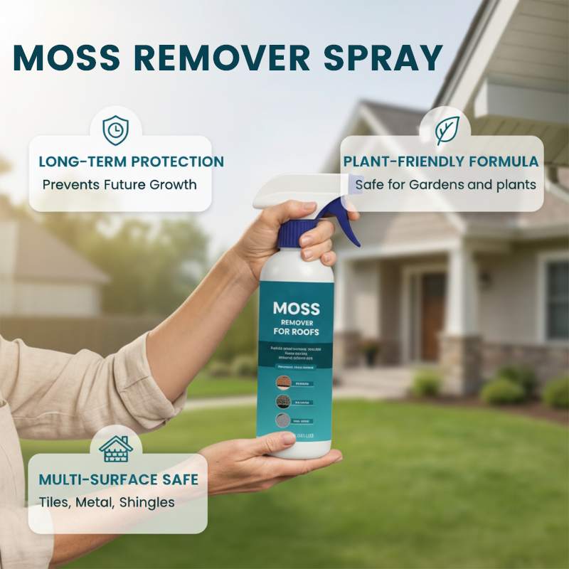 🌧️ Rengöringsspray för flera ytor av takmossa och alger – Spraya, skölj och se det glänsa! 🏠✨ Effektiv mot mossa, skonsam mot växter – ett renare tak på några minuter. 🌿💧