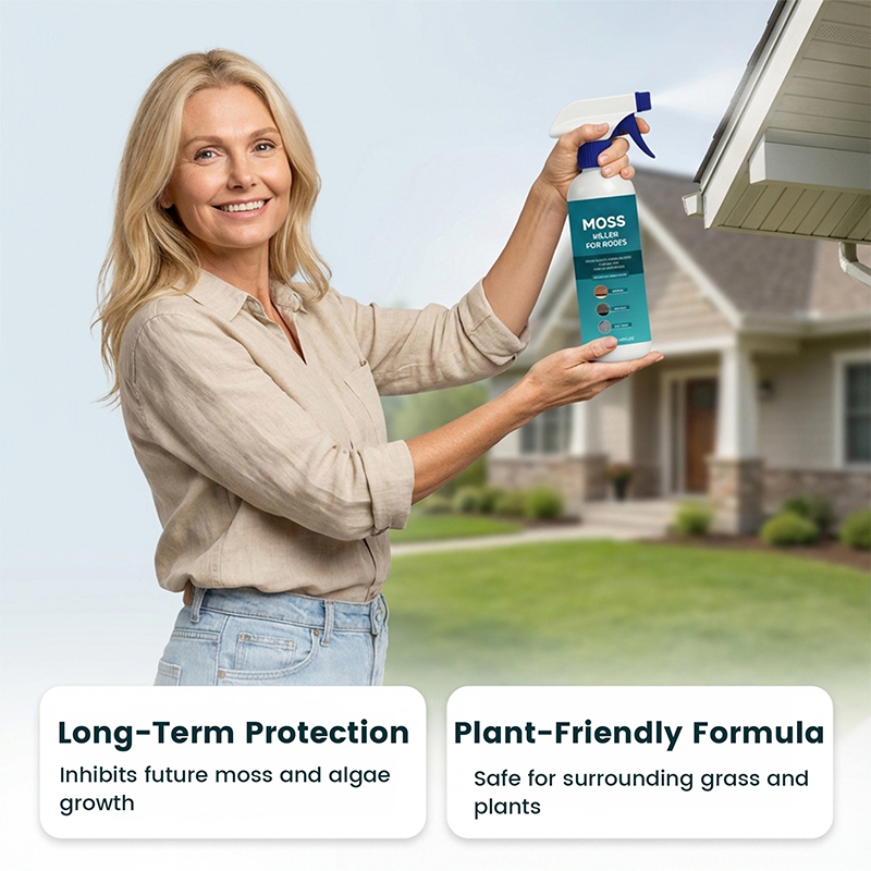 🌧️ Rengöringsspray för flera ytor av takmossa och alger – Spraya, skölj och se det glänsa! 🏠✨ Effektiv mot mossa, skonsam mot växter – ett renare tak på några minuter. 🌿💧