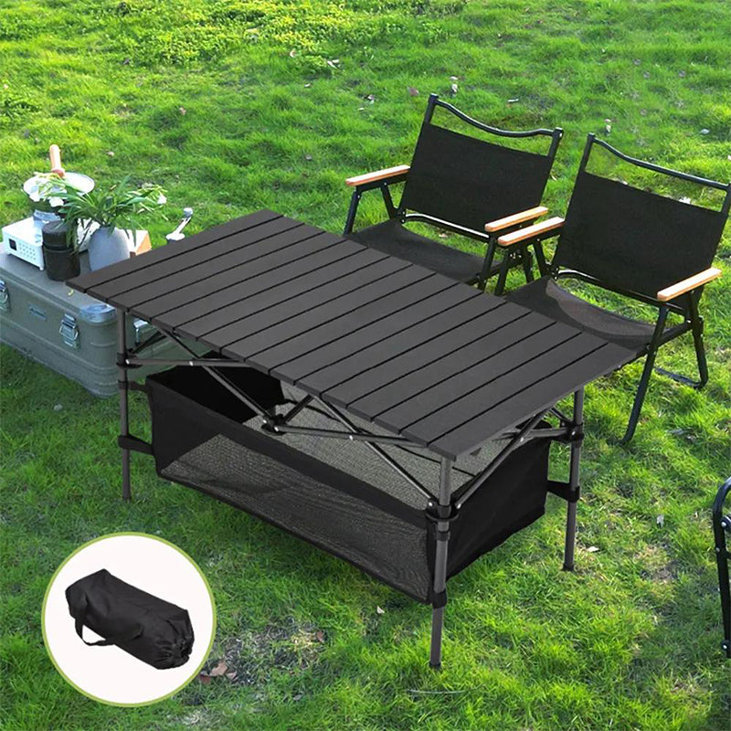 Bärbart hopfällbart campingbord – kolstål, verktygslös montering & förvaringsväska ingår 🏕️🪑