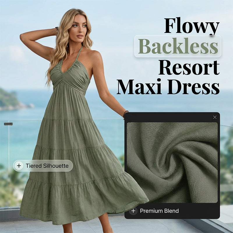 👗 50% RABATT NU! 🌴Halterneck baklös maxiklänning – volanger, flödande & perfekt för semestern 👗