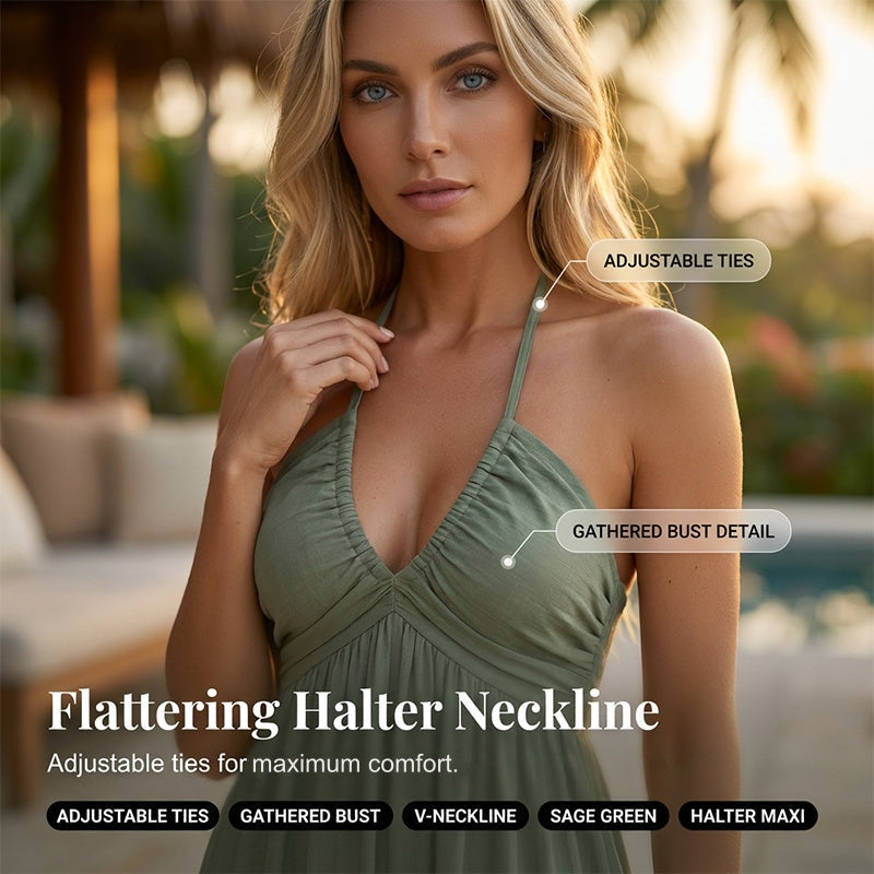 👗 50% RABATT NU! 🌴Halterneck baklös maxiklänning – volanger, flödande & perfekt för semestern 👗