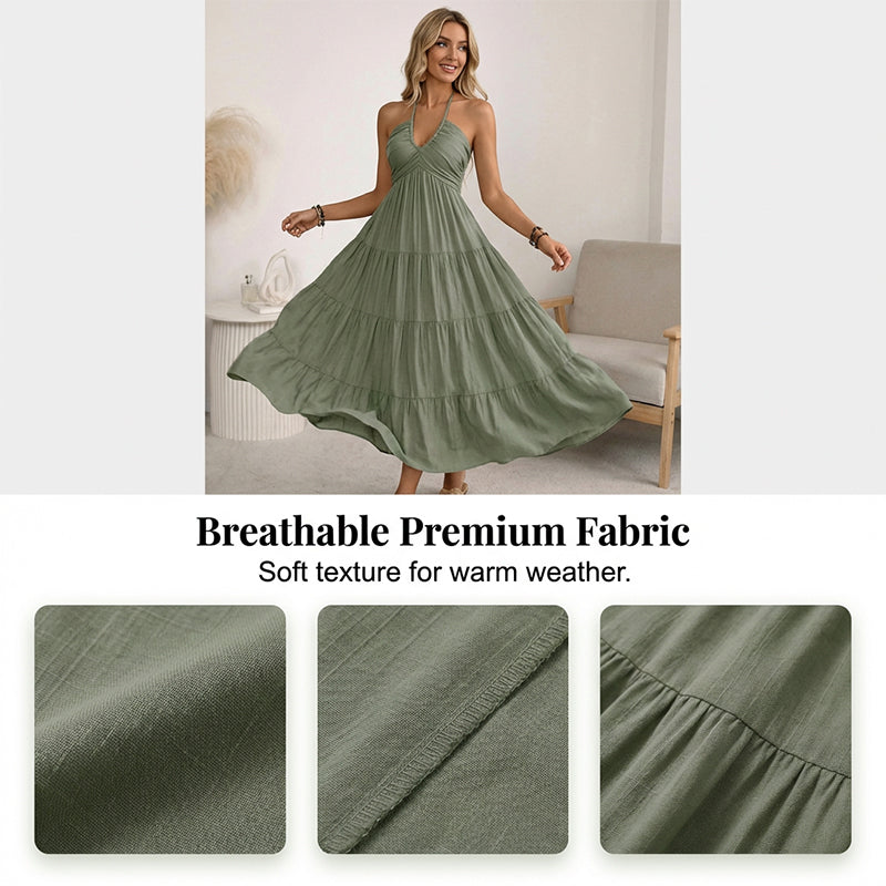 👗 50% RABATT NU! 🌴Halterneck baklös maxiklänning – volanger, flödande & perfekt för semestern 👗