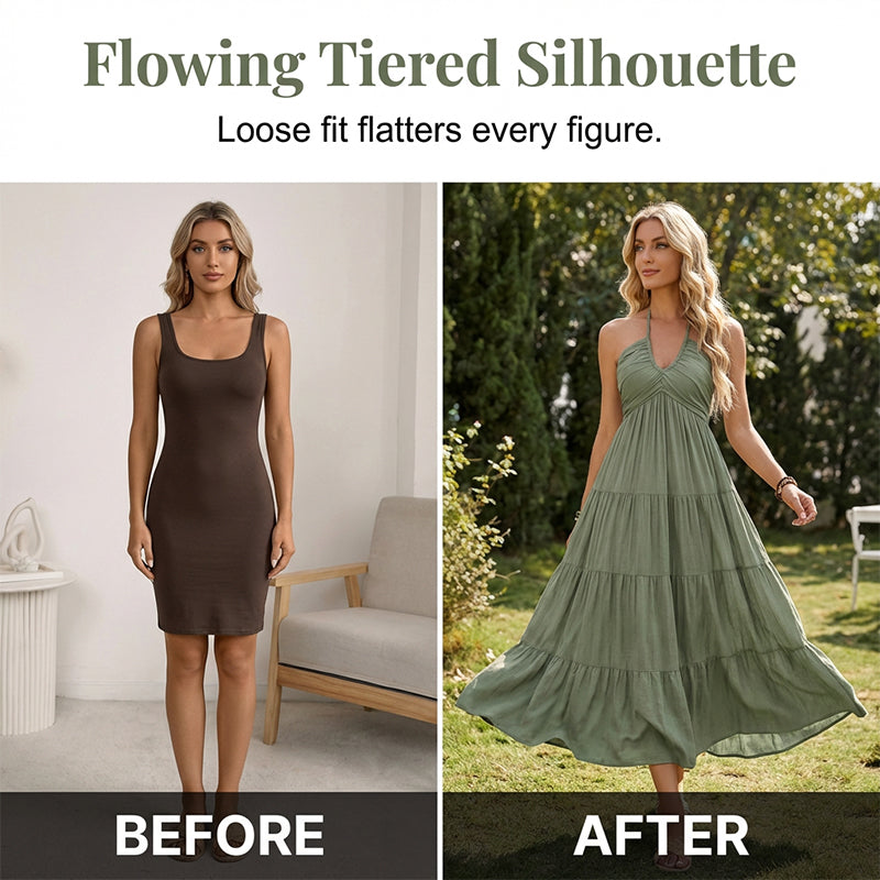 👗 50% RABATT NU! 🌴Halterneck baklös maxiklänning – volanger, flödande & perfekt för semestern 👗