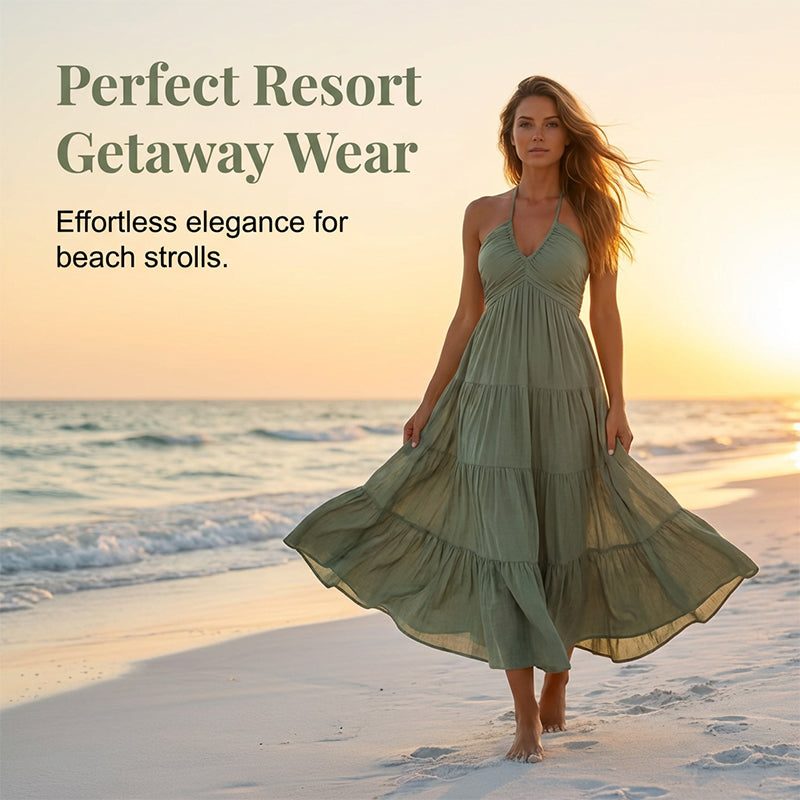👗 50% RABATT NU! 🌴Halterneck baklös maxiklänning – volanger, flödande & perfekt för semestern 👗