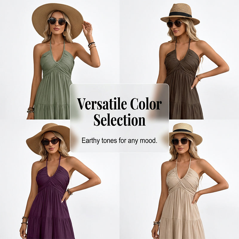 👗 50% RABATT NU! 🌴Halterneck baklös maxiklänning – volanger, flödande & perfekt för semestern 👗