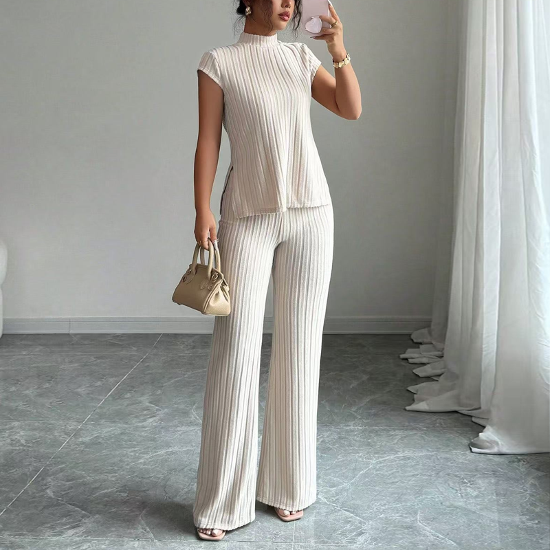 👗 50% RABATT NU! ✨ Tvådelat Ärmlöst Set – Polokrage & Vida Byxor – Ribbad Textur & Chic 🕶️