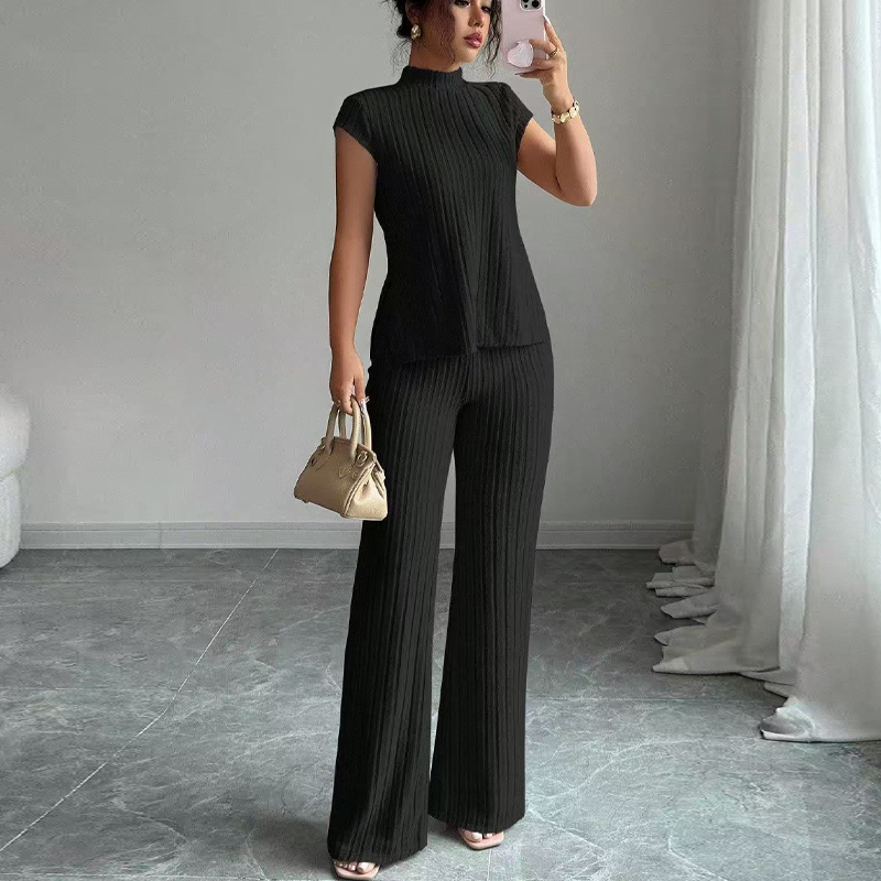 👗 50% RABATT NU! ✨ Tvådelat Ärmlöst Set – Polokrage & Vida Byxor – Ribbad Textur & Chic 🕶️
