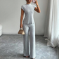👗 50% RABATT NU! ✨ Tvådelat Ärmlöst Set – Polokrage & Vida Byxor – Ribbad Textur & Chic 🕶️