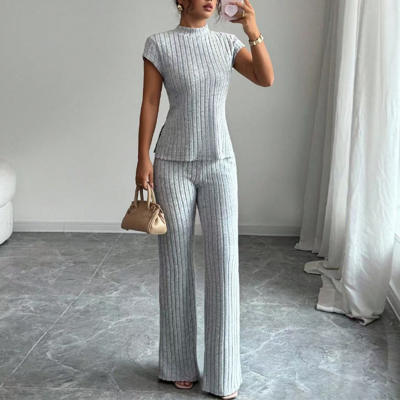 👗 50% RABATT NU! ✨ Tvådelat Ärmlöst Set – Polokrage & Vida Byxor – Ribbad Textur & Chic 🕶️
