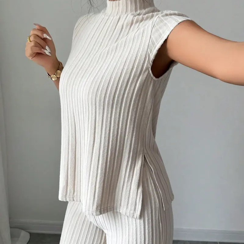 👗 50% RABATT NU! ✨ Tvådelat Ärmlöst Set – Polokrage & Vida Byxor – Ribbad Textur & Chic 🕶️