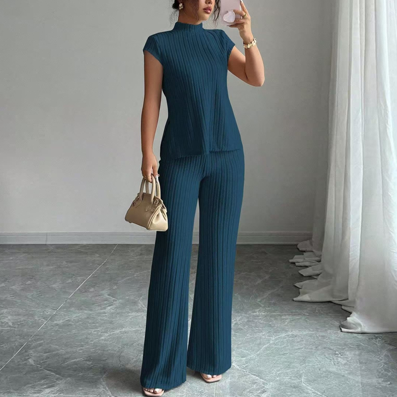 👗 50% RABATT NU! ✨ Tvådelat Ärmlöst Set – Polokrage & Vida Byxor – Ribbad Textur & Chic 🕶️