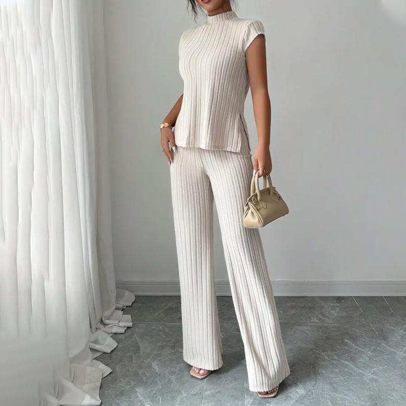 👗 50% RABATT NU! ✨ Tvådelat Ärmlöst Set – Polokrage & Vida Byxor – Ribbad Textur & Chic 🕶️