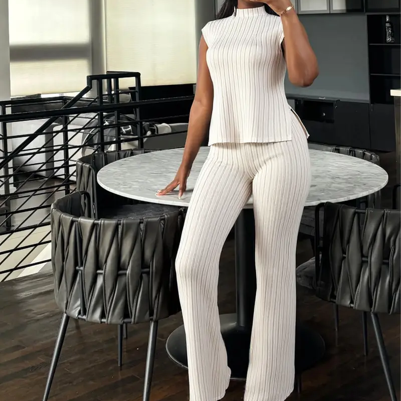 👗 50% RABATT NU! ✨ Tvådelat Ärmlöst Set – Polokrage & Vida Byxor – Ribbad Textur & Chic 🕶️