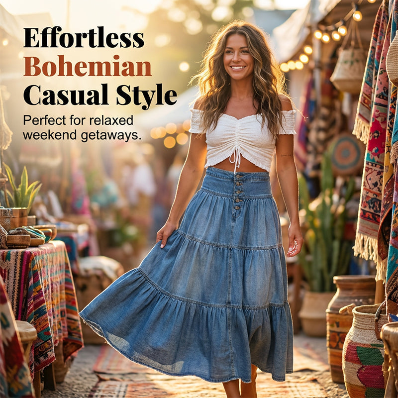 👗 50% RABATT NU! 👖 Denim maxikjol – hög midja & skiktad A-linje – Knapp framtill & vintage charm – perfekt för en elegant, avslappnad look ✨