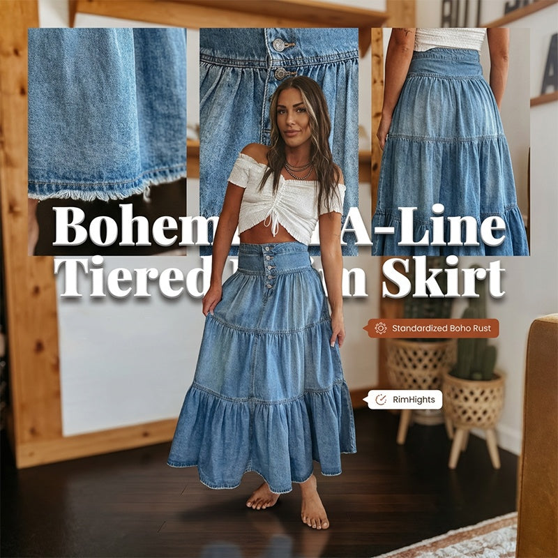 👗 50% RABATT NU! 👖 Denim maxikjol – hög midja & skiktad A-linje – Knapp framtill & vintage charm – perfekt för en elegant, avslappnad look ✨