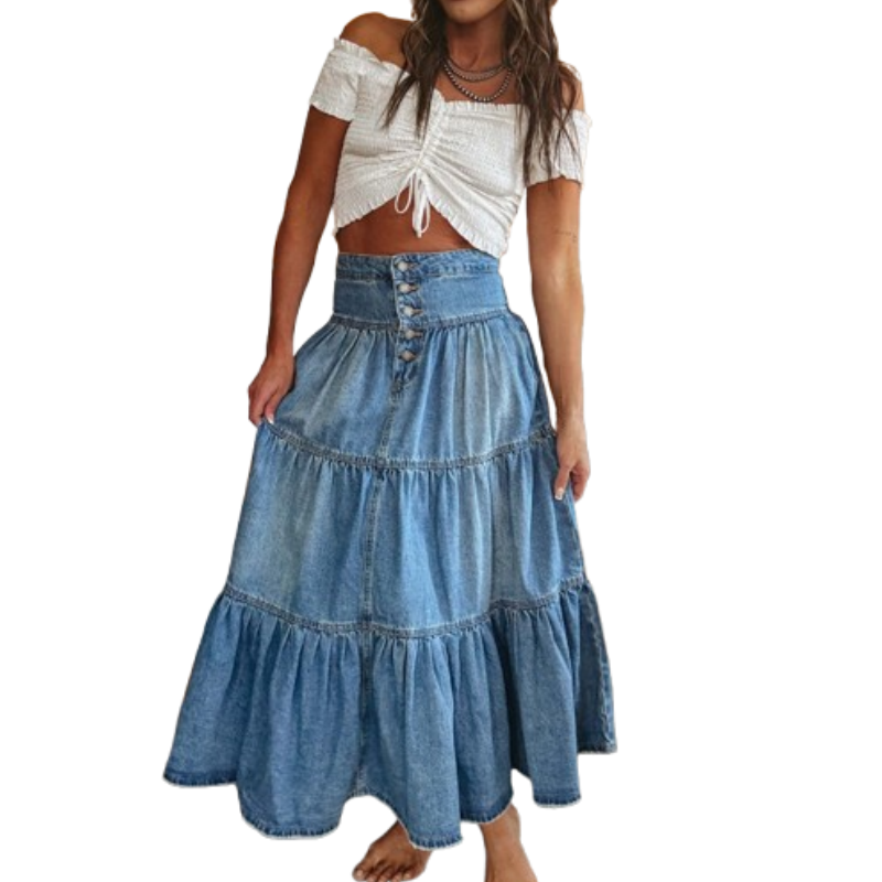 👗 50% RABATT NU! 👖 Denim maxikjol – hög midja & skiktad A-linje – Knapp framtill & vintage charm – perfekt för en elegant, avslappnad look ✨