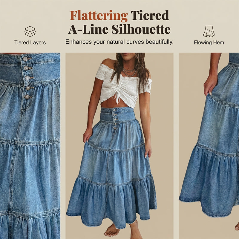👗 50% RABATT NU! 👖 Denim maxikjol – hög midja & skiktad A-linje – Knapp framtill & vintage charm – perfekt för en elegant, avslappnad look ✨