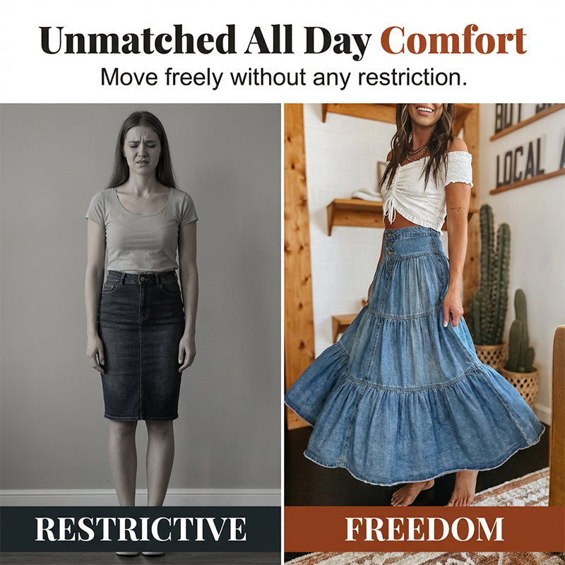 👗 50% RABATT NU! 👖 Denim maxikjol – hög midja & skiktad A-linje – Knapp framtill & vintage charm – perfekt för en elegant, avslappnad look ✨