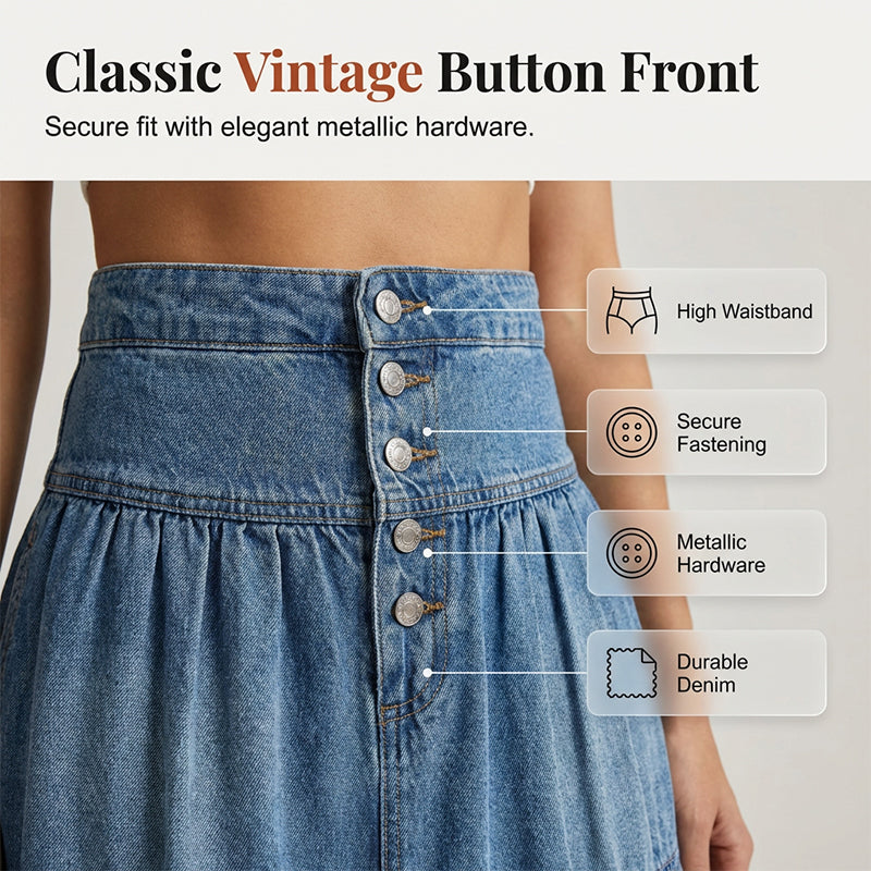 👗 50% RABATT NU! 👖 Denim maxikjol – hög midja & skiktad A-linje – Knapp framtill & vintage charm – perfekt för en elegant, avslappnad look ✨