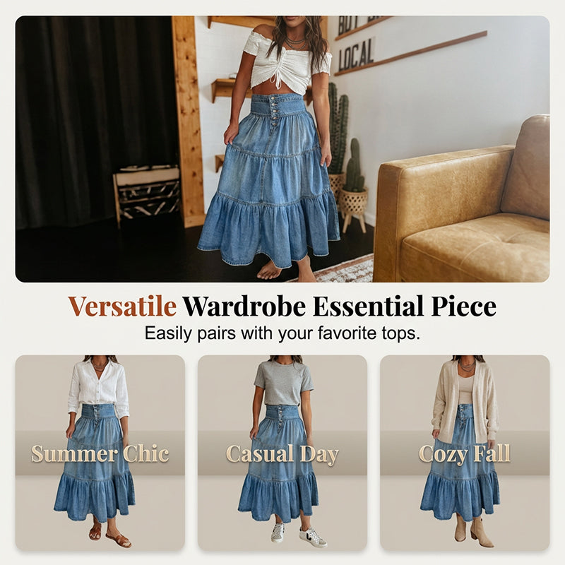 👗 50% RABATT NU! 👖 Denim maxikjol – hög midja & skiktad A-linje – Knapp framtill & vintage charm – perfekt för en elegant, avslappnad look ✨