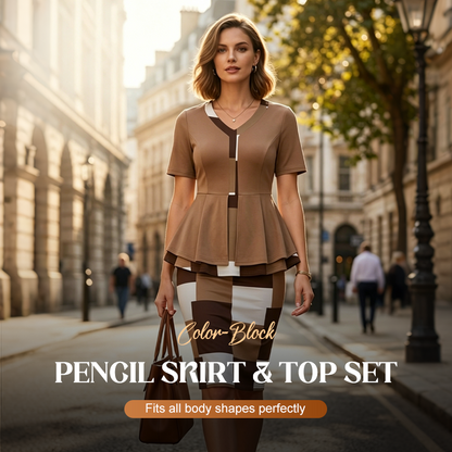 👗 50% RABATT NU! 🎨 Färgblock Pennkjol & Topp-set – Figursmäckrande, Snyggt & Perfekt För Kontor, Middag & Speciella Tillfällen – Mångsidigt 2-delat Set ✨