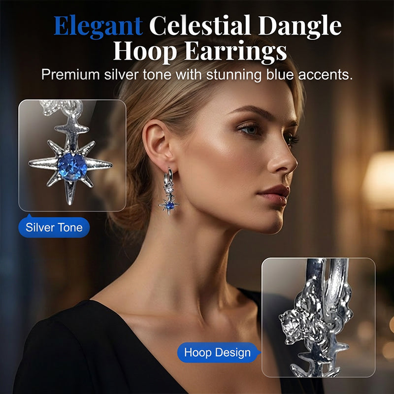 Celestial ⭐💎Star Dangle Hoop-örhängen – Stjärnkluster, Cubic Zircon & Galvaniserad Legering, Silver-Blå