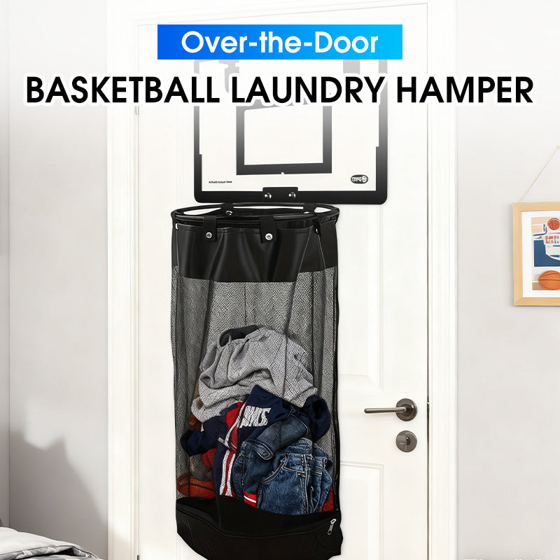 🏀 50% RABATT 🚪 Tvättkorgsbasket över dörren, stort svart nät & akryl-/träplatta, montering utan borrning 🎯